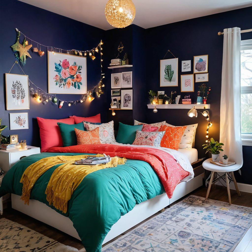 A vibrant teenage bedroom transformed from dull to stunning, showcasing colorful wall art, trendy furniture, cozy textiles, and innovative storage solutions. There’s a stylish bed with bright bedding, an inspiring workspace with art supplies, and fairy lights creating a magical ambiance. Emphasize creativity and personalization with fun decor elements. super-realistic. vibrant colors. cozy atmosphere.