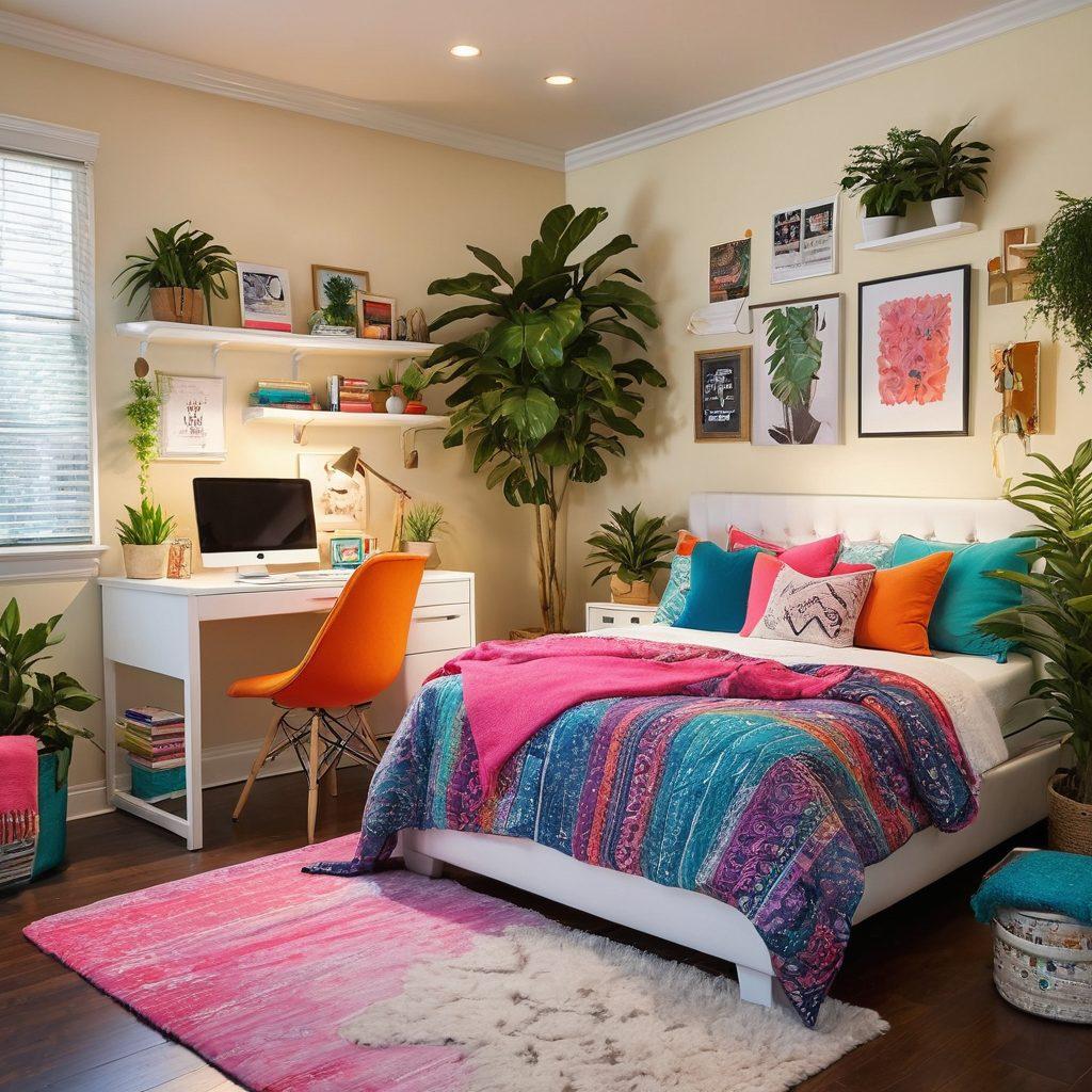 A stylish, modern teen bedroom featuring vibrant furnishings and trendy accessories. Highlights include a cozy bed with colorful throw pillows, a study area with sleek desk and art supplies, and wall art showcasing inspiring quotes. Incorporate plants for a fresh touch, and ambient lighting to create a warm atmosphere. super-realistic. vibrant colors. cozy atmosphere.