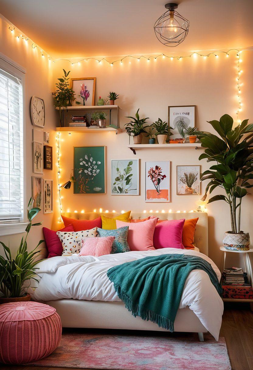 A stylish teen bedroom showcasing a blend of vibrant colors and cozy textures, featuring a unique bed design, inspirational wall art, and creative study nook. Incorporate trendy decorations like fairy lights, plants, and colorful cushions, with a window view letting in natural light. Capture a sense of comfort and individuality in a modern aesthetic. super-realistic. vibrant colors. warm lighting.